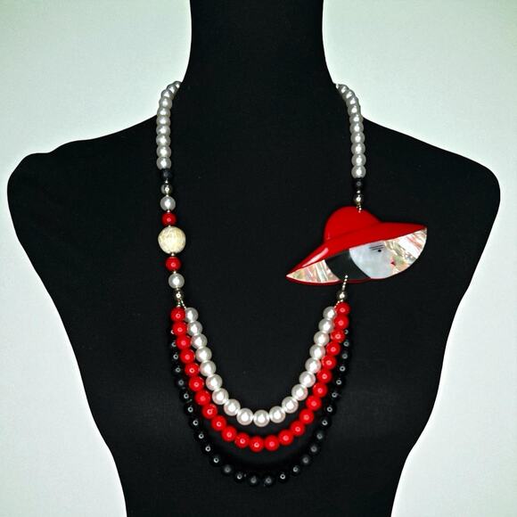 Vintage Lee Sands Lady in Red Hat Necklace Art Deco MOP Inlay 1980s - Picture 9 of 9